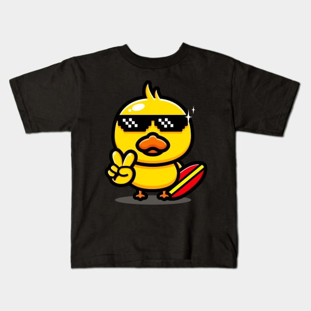 Cool Duck With Surfboard Summer Surfing Vacation Kids T-Shirt by Foxxy Merch